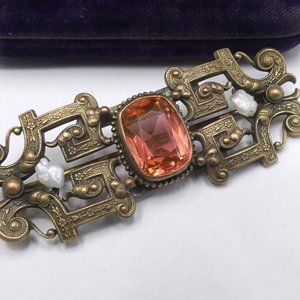 Antique art Nouveau brass & pink glass pearls pin
